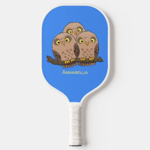 Cute baby owl trio cartoon illustration pickleball paddle