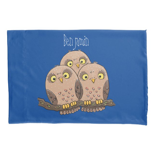 Cute baby owl trio cartoon illustration pillowcase (Front)