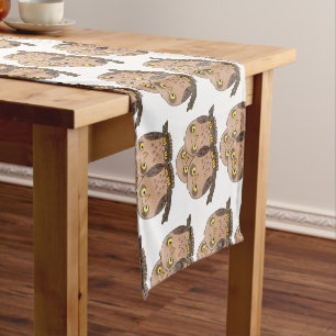Cute baby owl trio cartoon illustration short table runner