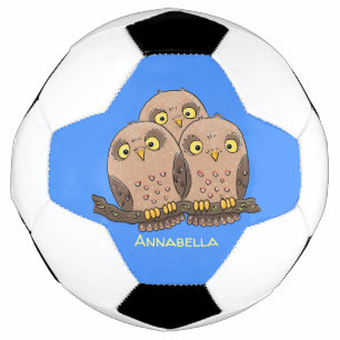 Cute baby owl trio cartoon illustration soccer ball