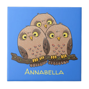 Cute baby owl trio cartoon illustration tile