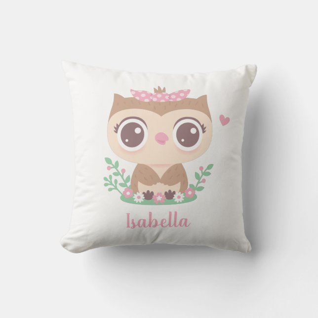 Cute Baby Owl with Bow Baby Girl Nursery Throw Pillow (Front)
