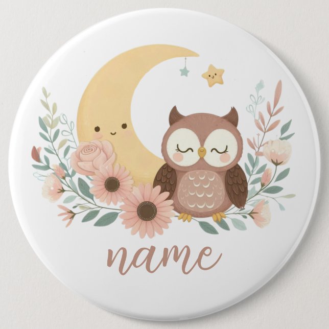 Cute baby owl with moon 6 inch round button (Front)