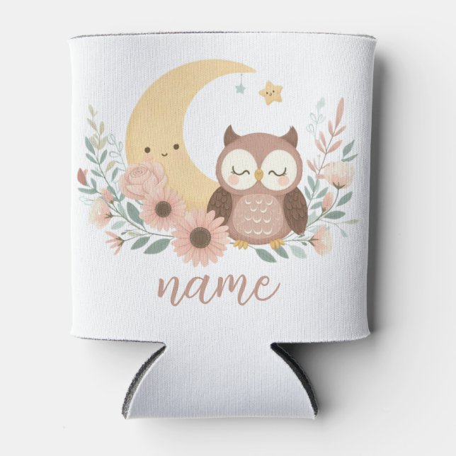 Cute baby owl with moon can cooler (Front)
