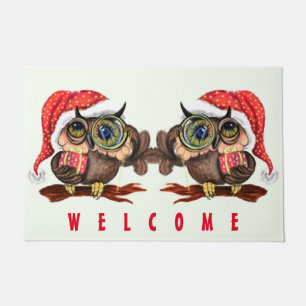 Cute Baby Owls In Christmas Hat and Gift - Welcome Doormat
