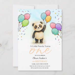 Cute Baby Panda Balloon 1st Birthday Party Peach Invitation