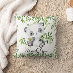 Cute Baby Panda Bear Green Bamboo Greenery Nursery Throw Pillow