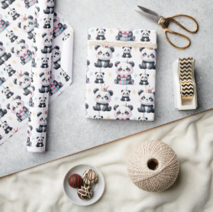 Cute Baby Panda Bear Pattern White Wrapping Paper