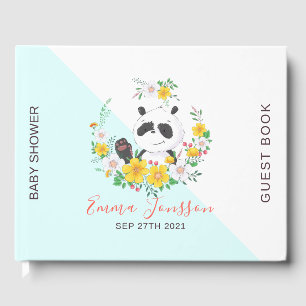 Cute baby Panda colourful floral wreath Guest Book