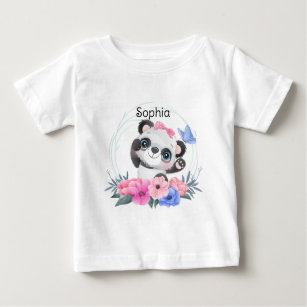 Cute Baby Panda Flower Wreath Custom Name         Baby T-Shirt