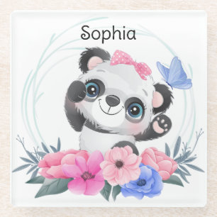 Cute Baby Panda Flower Wreath Custom Name    Glass Coaster