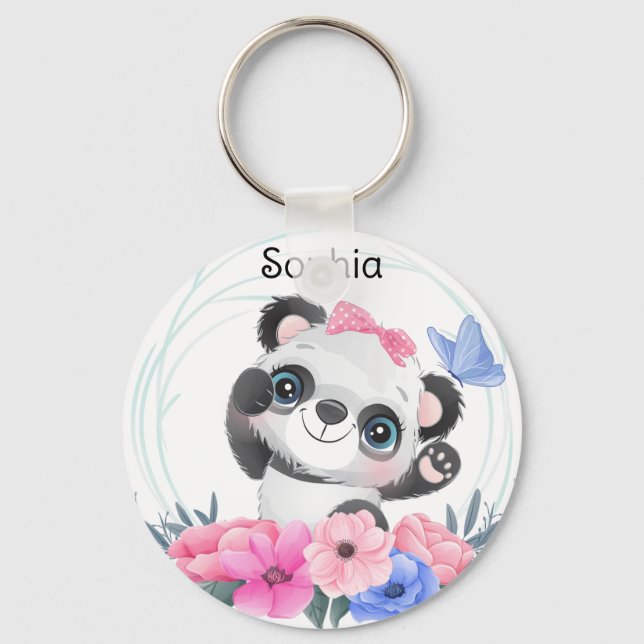 Cute Baby Panda Flower Wreath Custom Name     Keyc Keychain (Front)