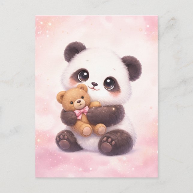 Cute Baby Panda Hugging Teddy Bear Postcard (Front)