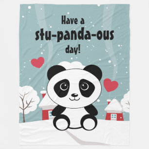 Cute Baby Panda In Winter Snow Grey Fleece Blanket
