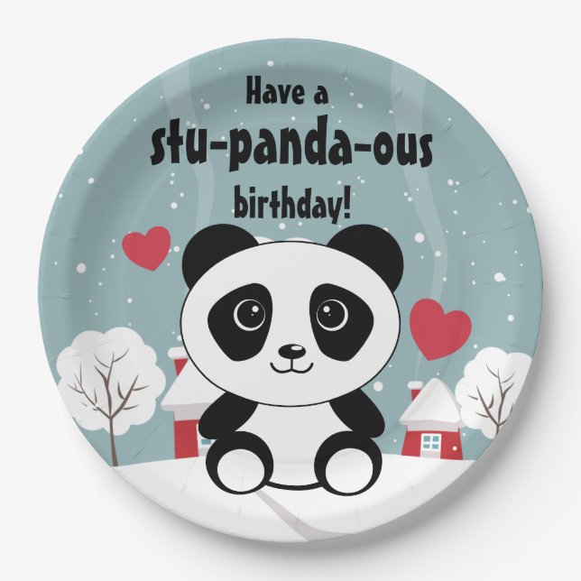 Cute Baby Panda In Winter Snow Grey Paper Plate (Front)