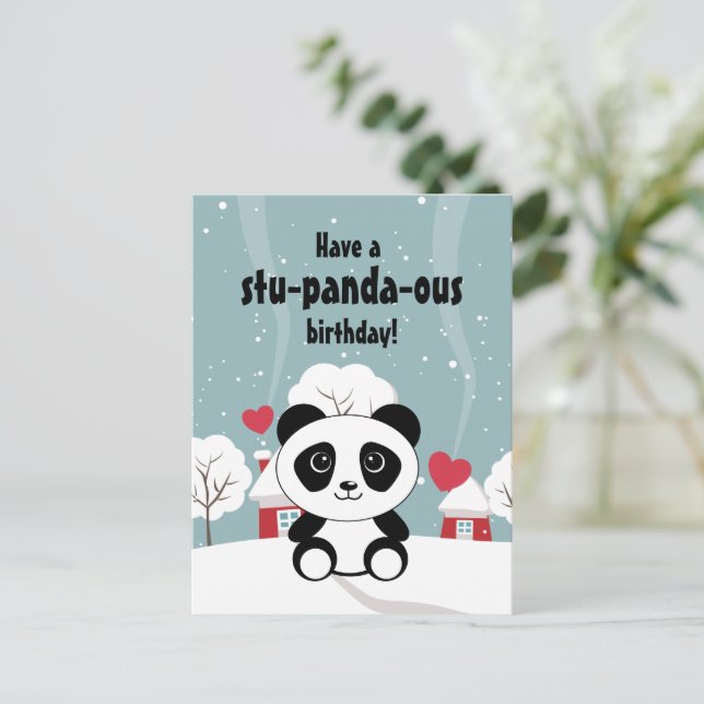 Cute Baby Panda In Winter Snow Grey Postcard (Standing Front)