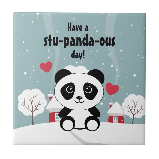 Cute Baby Panda In Winter Snow Grey Tile (Front)