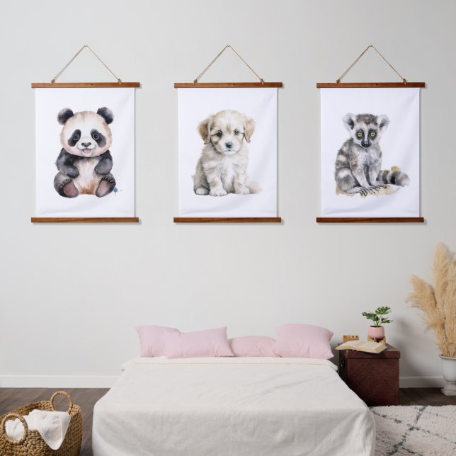 Cute baby panda, puppy and lemur hanging tapestry (Bedroom)
