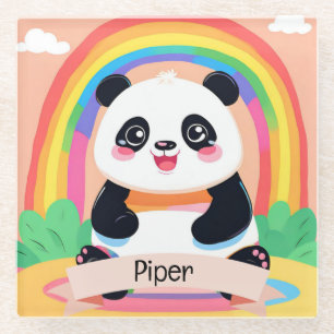 Cute Baby Panda Rainbow Glass Coaster