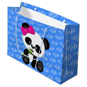 Cute Baby Panda With Black Gift word Blue Large Gift Bag