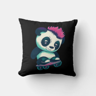 Cute Baby Panda with mohawk Skater Panda Throw Pillow