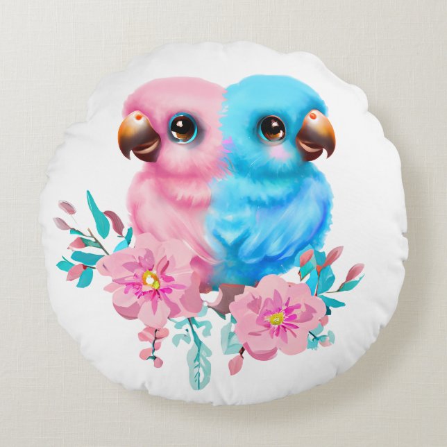 Cute Baby Parrot Twins  Round Pillow (Front)