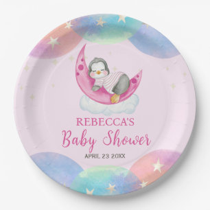 Cute Baby Penguin Pink Baby Shower  Paper Plate