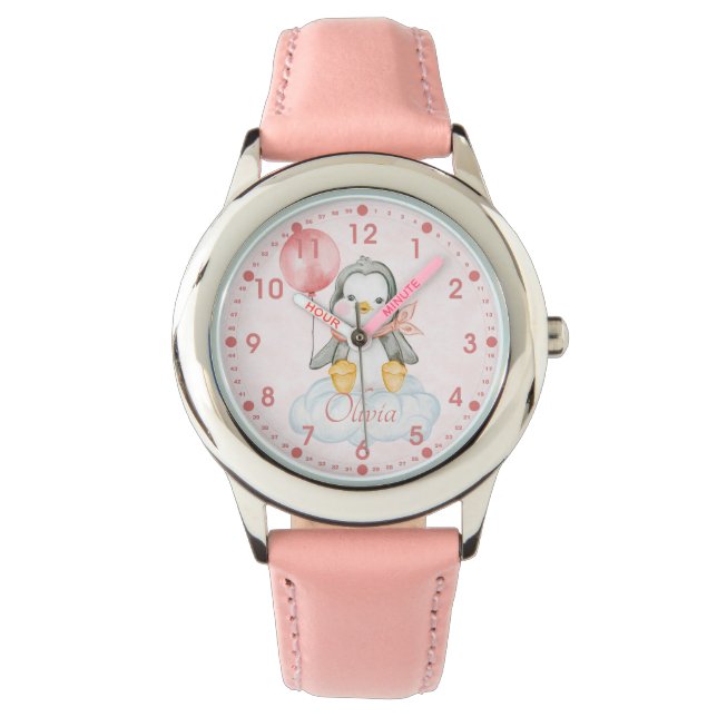 Cute Baby Penguin Pink Personalized Watch (Front)