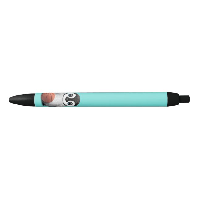 Cute Baby Penguin Playing With Basketball Black Ink Pen (Front)