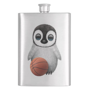 Cute Baby Penguin Playing With Basketball Hip Flask
