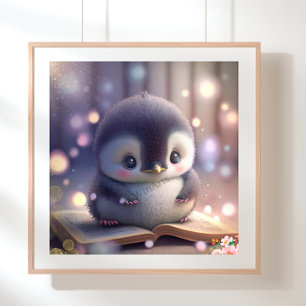 Cute Baby Penguin reading a book Art Nursery Poster
