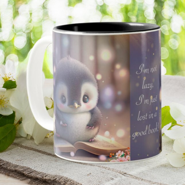 Cute Baby Penguin Reading Book Funny Quote Custom Two-Tone Coffee Mug (Creator Uploaded)