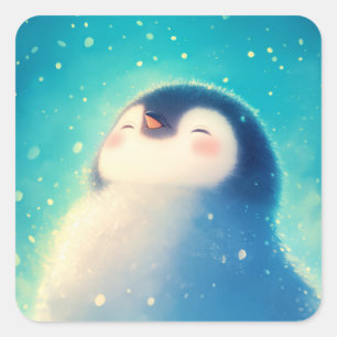 Cute Baby Penguin Smiling in Winter Snow Square Sticker