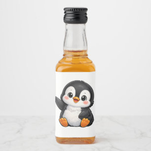 Cute Baby Penguin Waving Cartoon Character Kids Ka Liquor Bottle Label