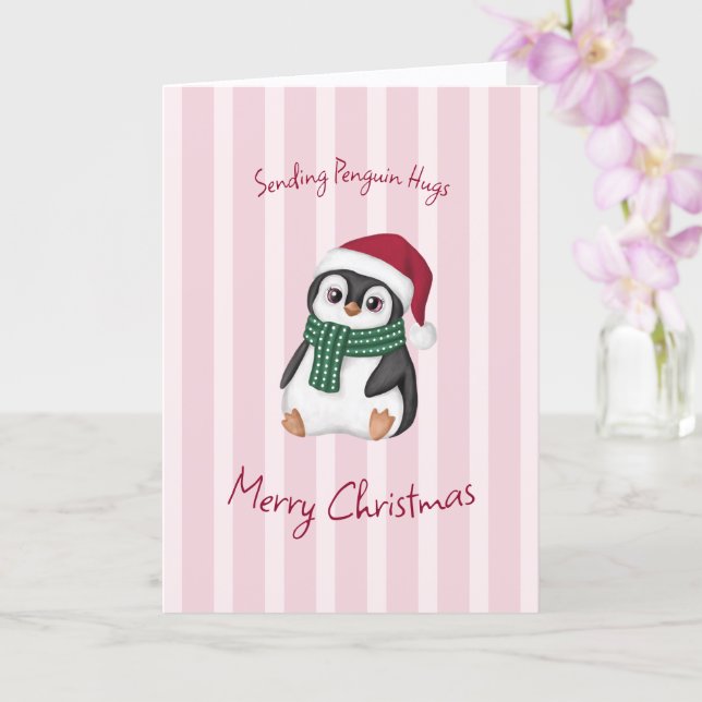 Cute Baby Penguin Wearing Santa Hat Christmas Card (Orchid)