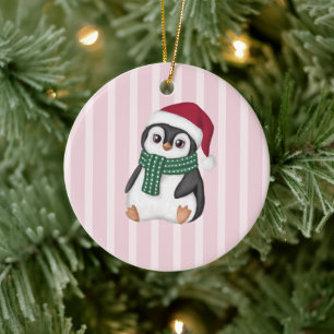 Cute Baby Penguin Wearing Santa Hat Christmas Ceramic Ornament