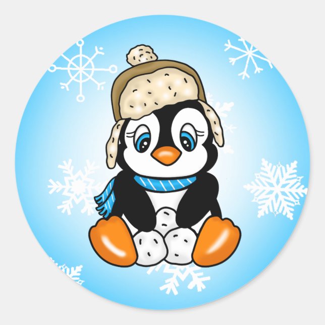Cute Baby Penguin with Snowflakes Background Classic Round Sticker (Front)
