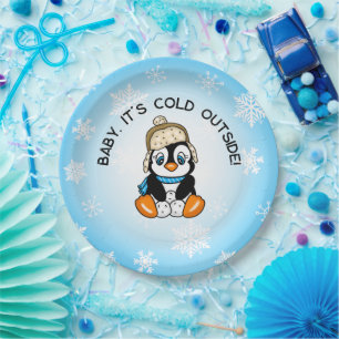 Cute Baby Penguin with Snowflakes Background Paper Plate