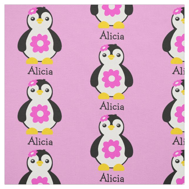 Cute Baby Penguins with Pink Flowers Fabric (Swatch)