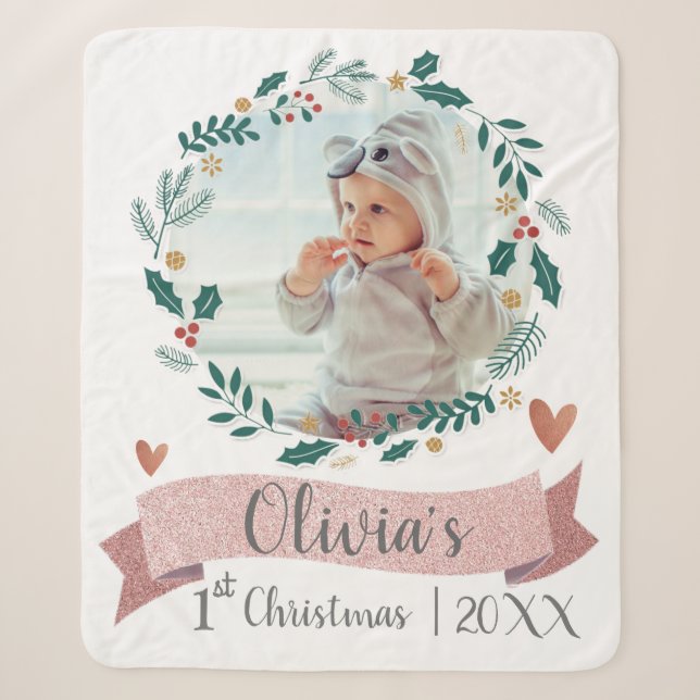 Cute Baby Photo First Christmas Pink Heart Wreath Sherpa Blanket (Front)