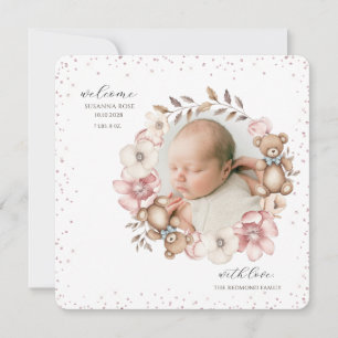 Cute Baby Photo Teddy Bear Wreath Birth Announcement