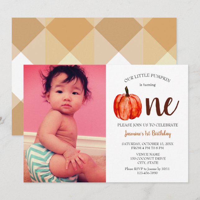 Cute baby photocard first birthday Pumpkin Autumn Invitation (Front/Back)