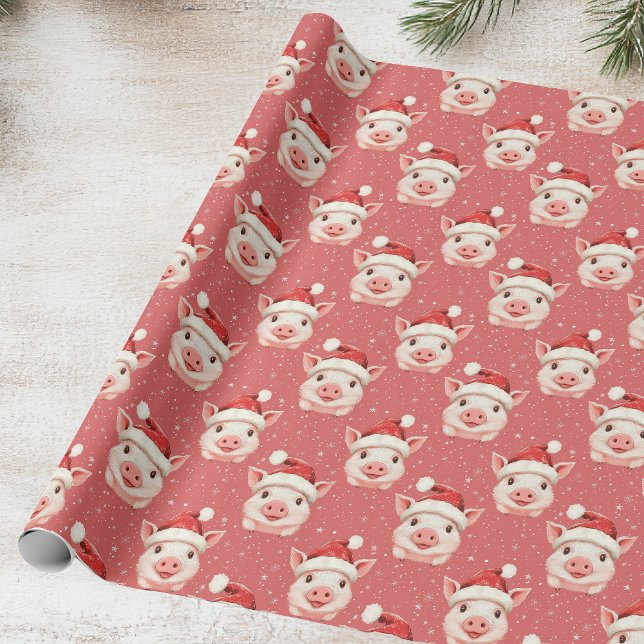 Cute Baby Pig in Santa Hat Wrapping Paper (Creator Uploaded)
