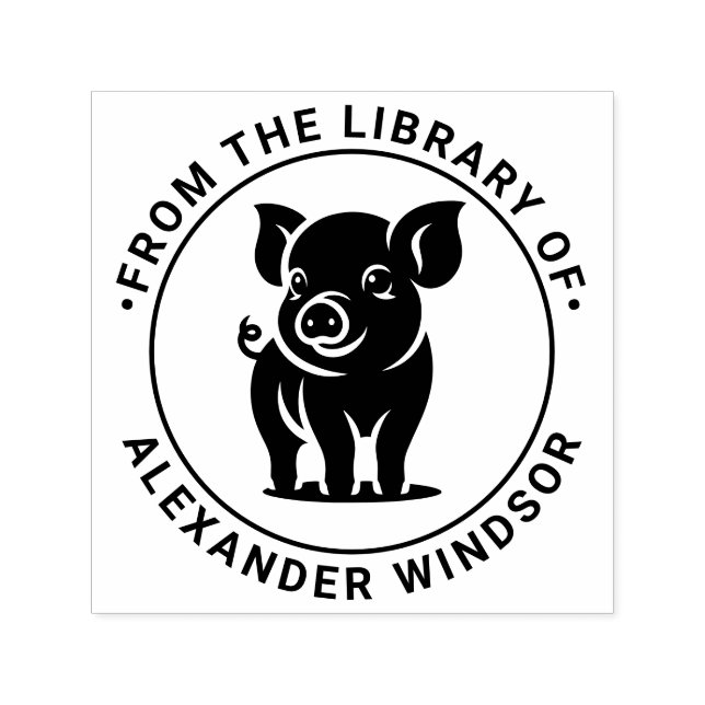 Cute Baby Pig Standing #1 Round Library Book Name Self-inking Stamp (Design)