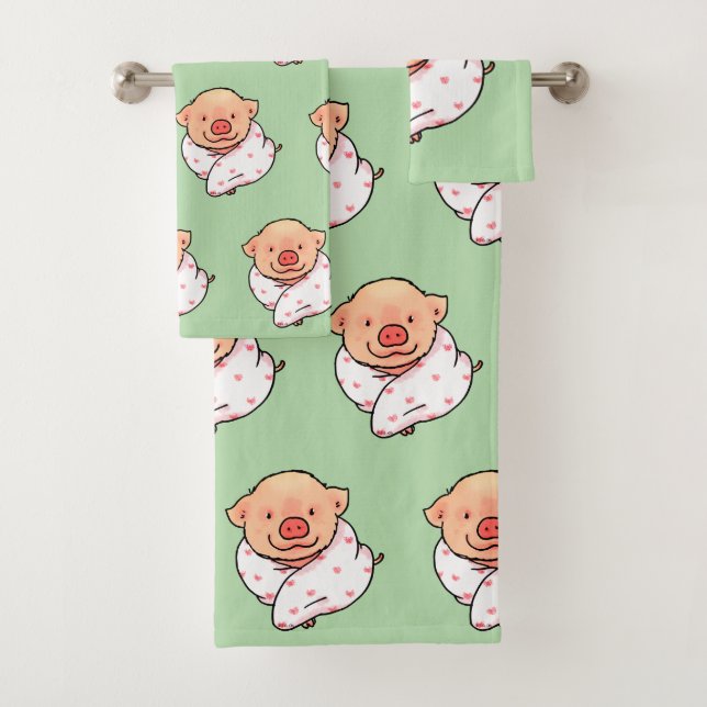 Cute Baby Pig Wrapped in Blanket Bath Towel Set (Insitu)