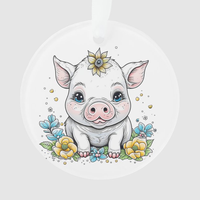 Cute Baby Piglet with Flower on her Head Ornament (Front)