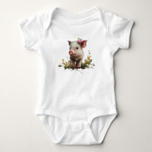Cute Baby Piglet with Flowers Bodysuit