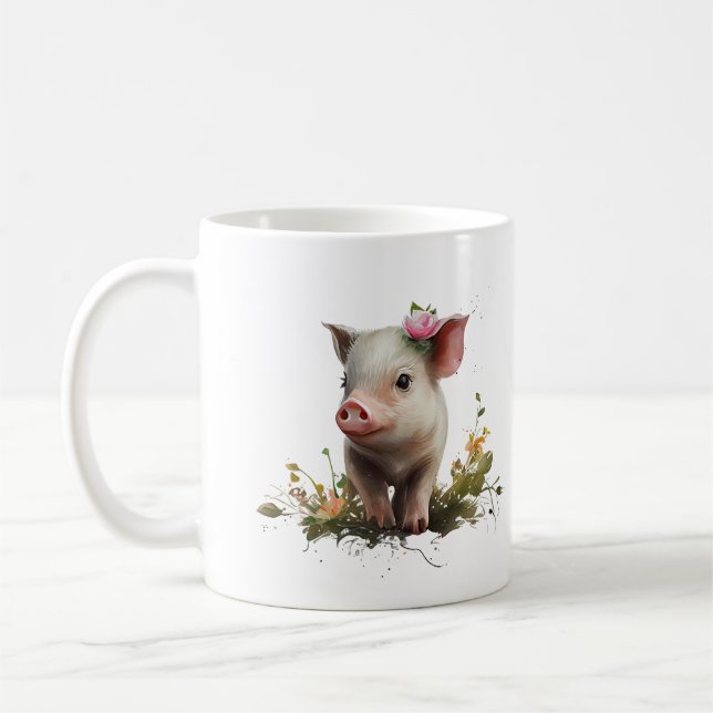 Cute Baby Piglet with Flowers  Coffee Mug (Left)