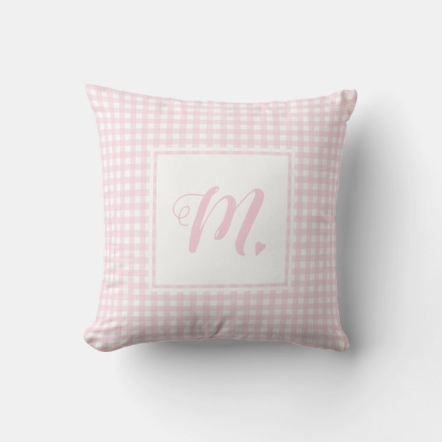 Cute Baby Pink and White Monogrammed Small Gingham Throw Pillow (Front)