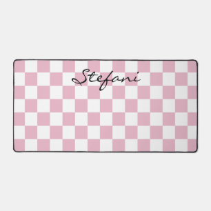 Cute Baby Pink Checkers Pattern Name Desk Mat